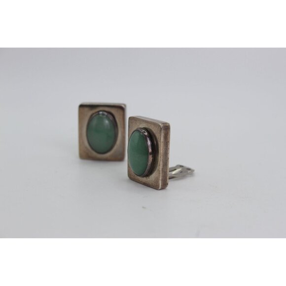 Taxco Sterling Silver Earrings, Green Stone Cabochons, Modernish Square, Clip On - Picture 4 of 11